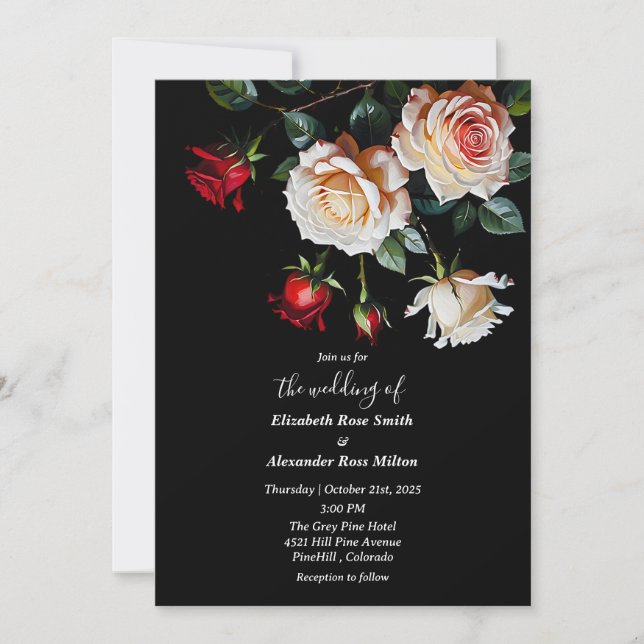 Invitation Mariage floral roses rouges roses blanches jolies  (Devant)