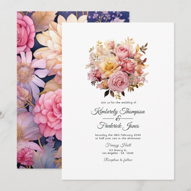 Invitation Mariage Floral Rouge à Lèvre et Or (Devant / Derrière)