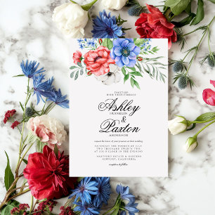 Invitation Mariage floral rouge, blanc et bleu