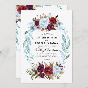 Invitation Mariage floral rouge bordeaux et bleu roux