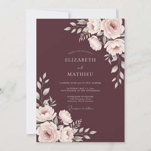 Invitation Mariage Floral Rouge Bourgogne (Devant)