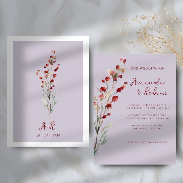 Invitation Mariage floral rouge Bourgogne minimal (Créateur téléchargé)