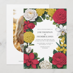 Invitation Mariage Floral Rouge Cerise, Blanc & Or
