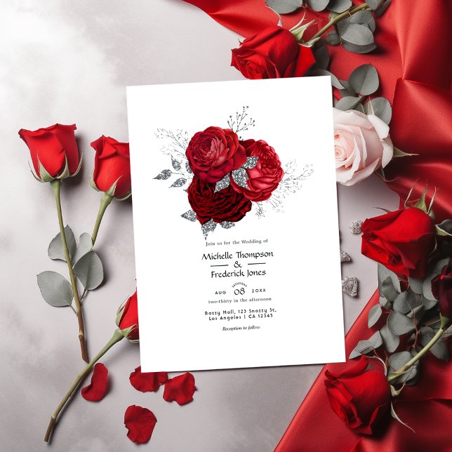 Invitation Mariage floral rouge et argent (Créateur téléchargé)