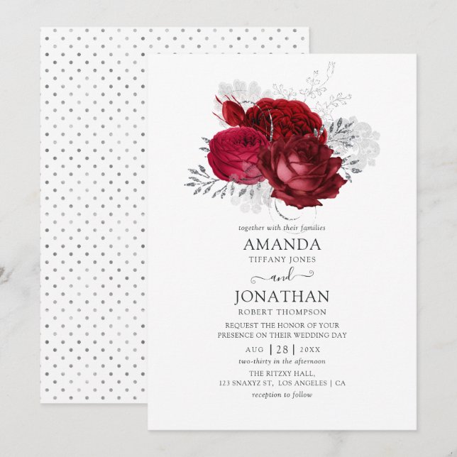 Invitation Mariage floral rouge et argent (Devant / Derrière)