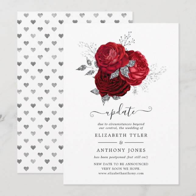 Invitation Mariage floral rouge et argent reporté (Devant / Derrière)