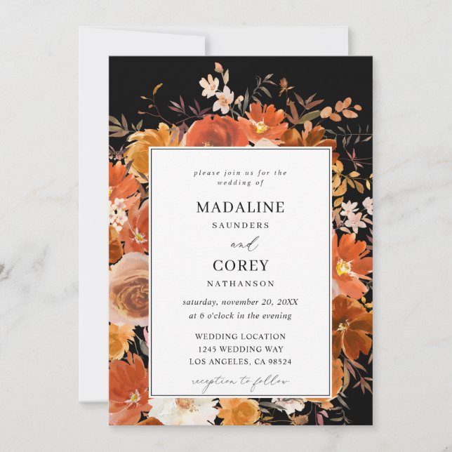 Invitation Mariage floral rouge et orange B - Noir (Devant)