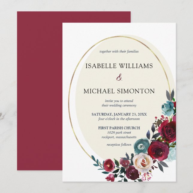 Invitation Mariage floral rouge et rose chic (Devant / Derrière)