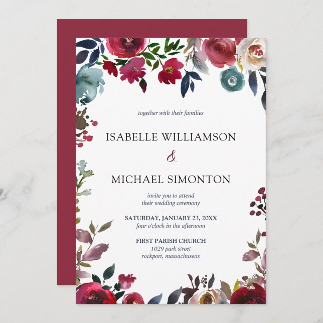 Invitation Mariage floral rouge et rose de Bourgogne (Devant / Derrière)