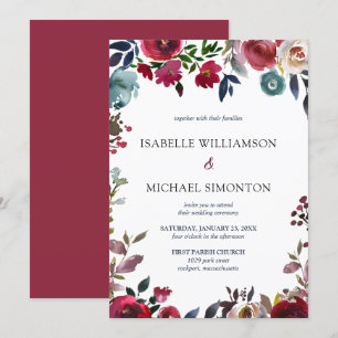 Invitation Mariage floral rouge et rose de Bourgogne