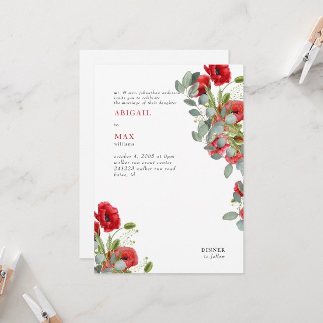 Invitation Mariage floral rouge Eucalyptus (Devant/Arrière en situation)