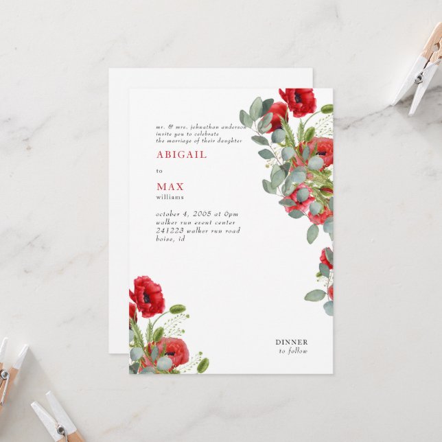 Invitation Mariage floral rouge eucalyptus vibrant (Devant/Arrière en situation)