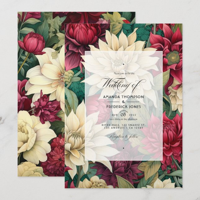 Invitation Mariage floral rouge foncé, crème et vert forêt (Devant / Derrière)