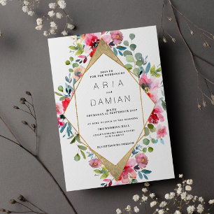 Invitation Mariage floral rouge menthe rose géométrique