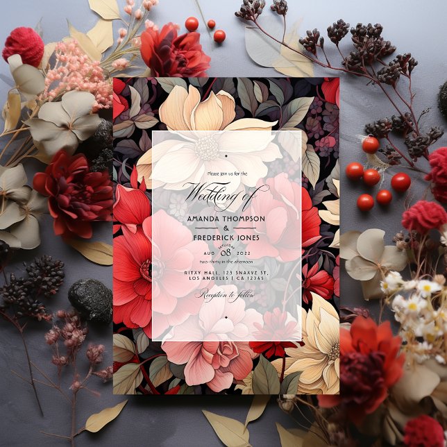 Invitation Mariage floral rouge, noir et taupe (Créateur téléchargé)