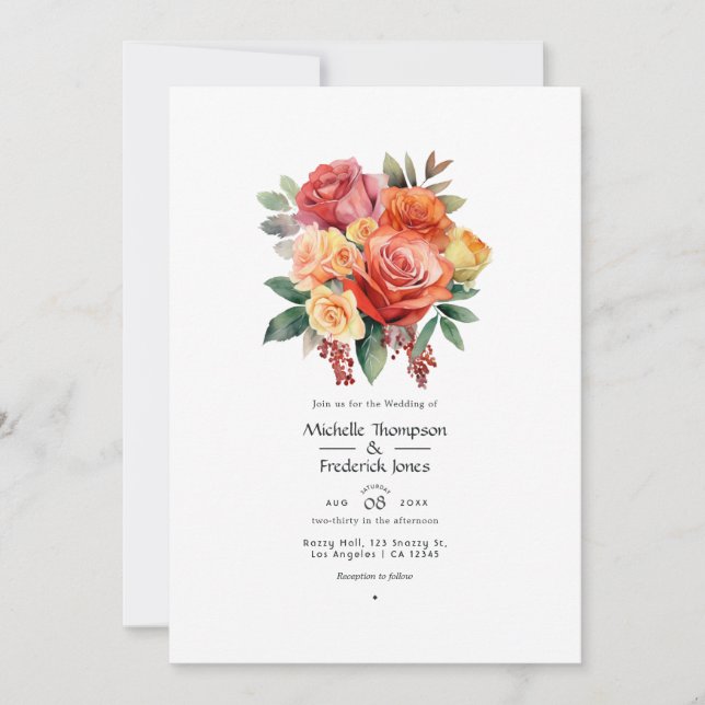 Invitation Mariage floral rouge, orange et sauge (Devant)