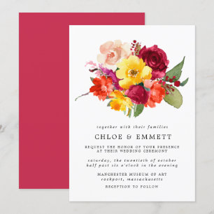 Invitation Mariage floral rouge-orange jaune-rose bordeaux