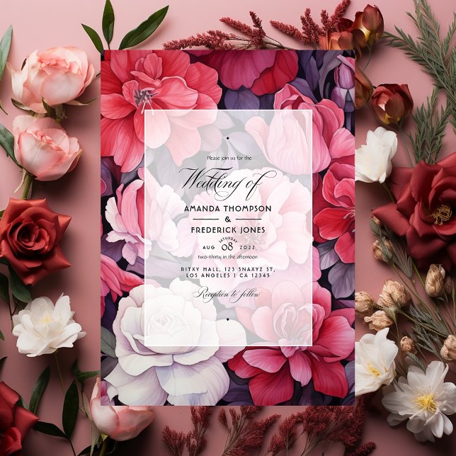 Invitation Mariage floral rouge profond, rose blush et argent (Créateur téléchargé)