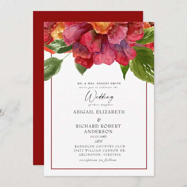 Invitation Mariage floral rouge Toscan Bold Parents (Devant / Derrière)