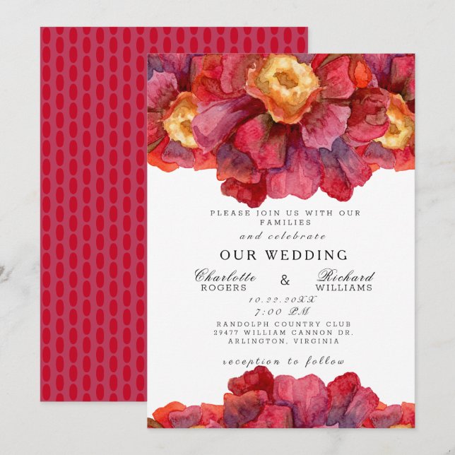 Invitation Mariage Floral Rouge Vibrant et Gras de Toscane (Devant / Derrière)