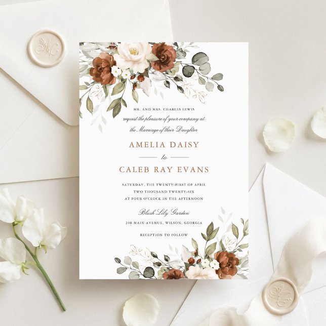 Invitation Mariage Floral Rouille Blanc Verdure (Créateur téléchargé)