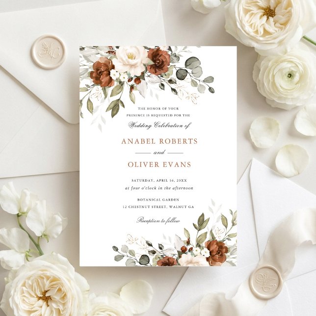 Invitation Mariage Floral Rouille Blanc Verdure (Créateur téléchargé)