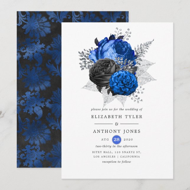 Invitation Mariage Floral Royal Bleu, Noir et Argent (Devant / Derrière)