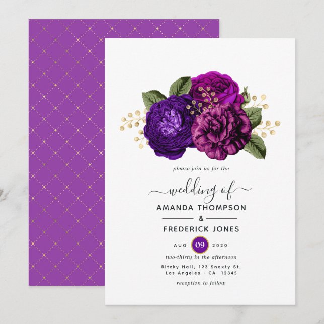 Invitation Mariage floral royal pourpre et or (Devant / Derrière)