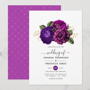 Invitation Mariage floral royal pourpre et or