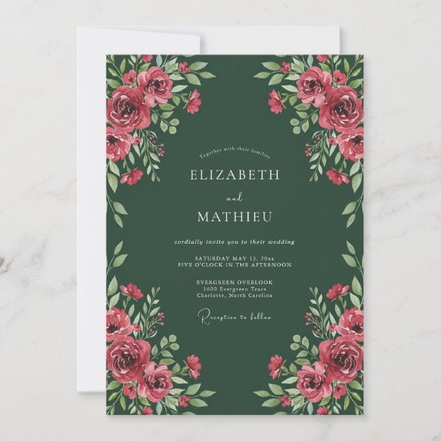 Invitation Mariage floral royal vert forêt (Devant)