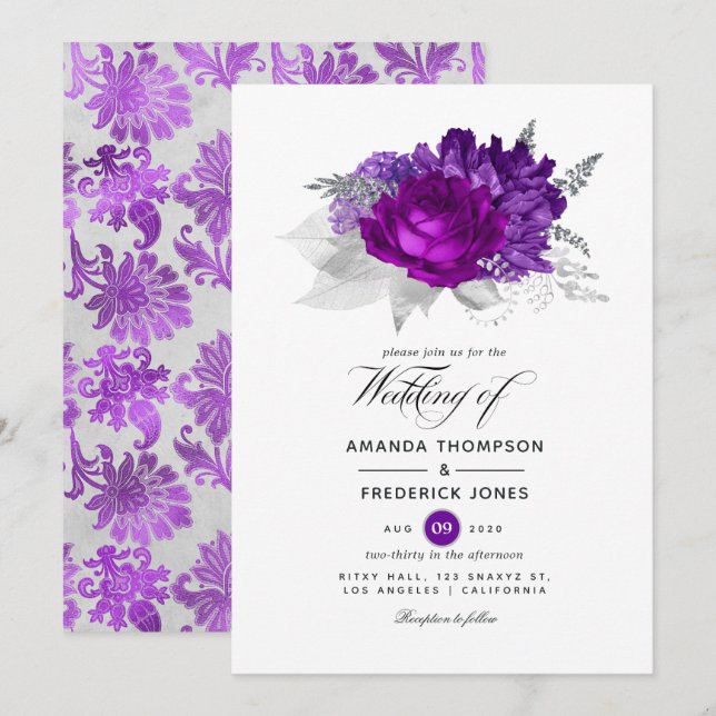 Invitation Mariage floral royal violet et argent (Devant / Derrière)