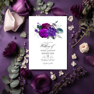 Invitation Mariage floral royal violet et argent vintage