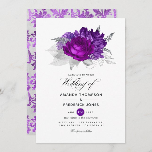Invitation Mariage Floral Royal violet et argenté (Devant / Derrière)
