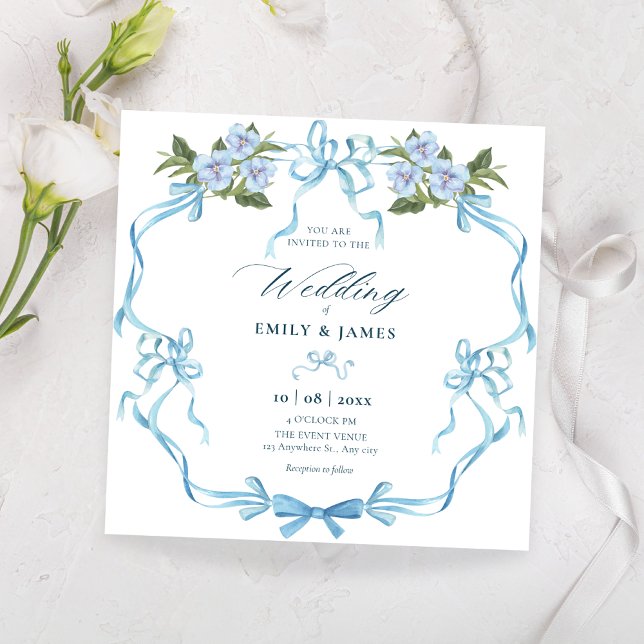 Invitation Mariage floral ruban bleu (Créateur téléchargé)