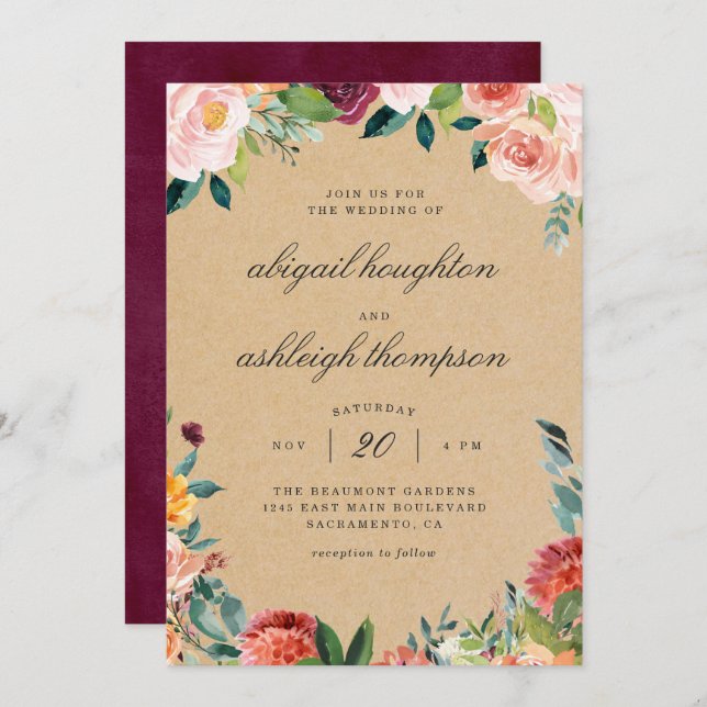 Invitation Mariage floral Russe Burgundy Blush (Devant / Derrière)