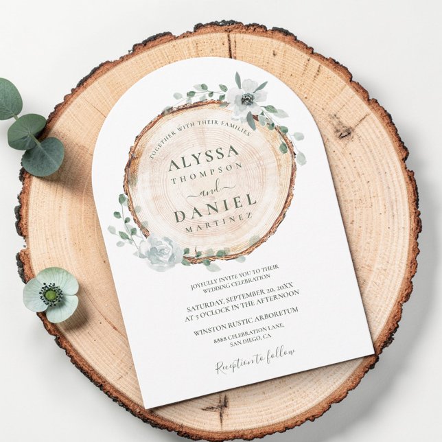 Invitation Mariage floral rustique à l'aquarelle de bois (arch wedding invitation, wood cut slice and watercolor rustic flowers and greenery.)