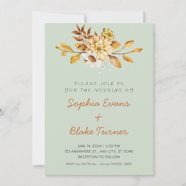Invitation Mariage Floral Rustique Antique Vert Clair (Devant)