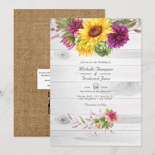 Invitation Mariage Floral Rustique au Code QR avec Soleil et  (Devant / Derrière)