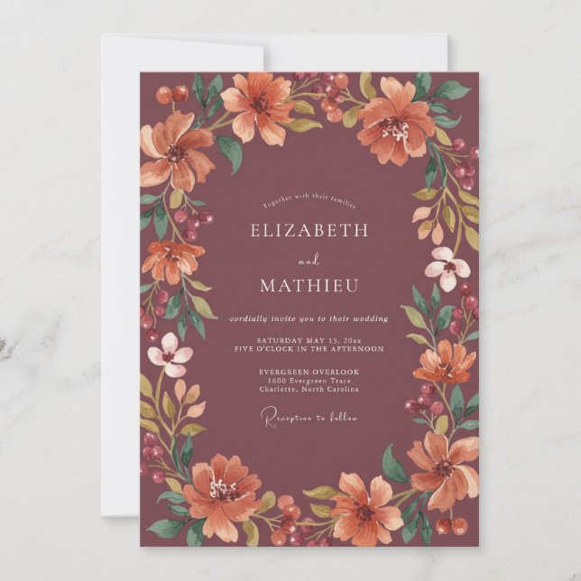 Invitation Mariage Floral Rustique au Corail Mauve (Devant)