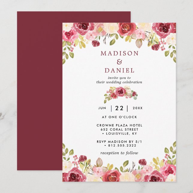 Invitation Mariage Floral Rustique au Rose Bourguignon (Devant / Derrière)