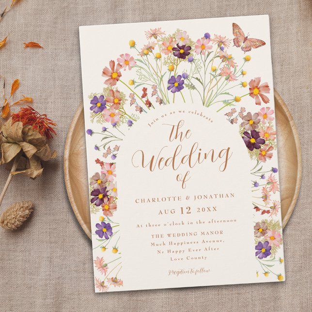 Invitation Mariage Floral Rustique Automne (Boho fall rustic floral wedding invitation whimsical watercolor wildflowers and butterfly )