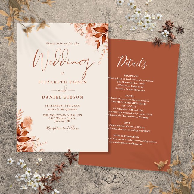 Invitation Mariage Floral Rustique Automne Tout Compris (All In One Rustic Autumn Fall Floral Wedding Invitation)