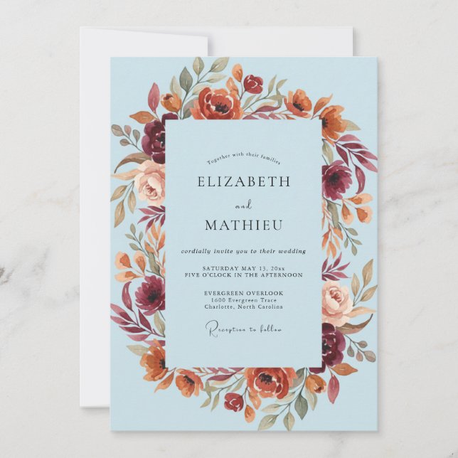Invitation Mariage Floral Rustique Bleu Clair (Devant)
