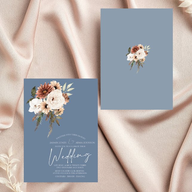 Invitation Mariage floral rustique bleu foncé (Elegant Dusty Blue Peach Floral Wedding Invitation)