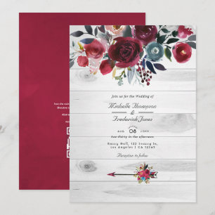 Invitation Mariage Floral Rustique Bohème Chic Bourgogne et M