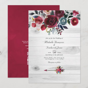 Invitation Mariage Floral Rustique Bohème Chic Bourgogne et M