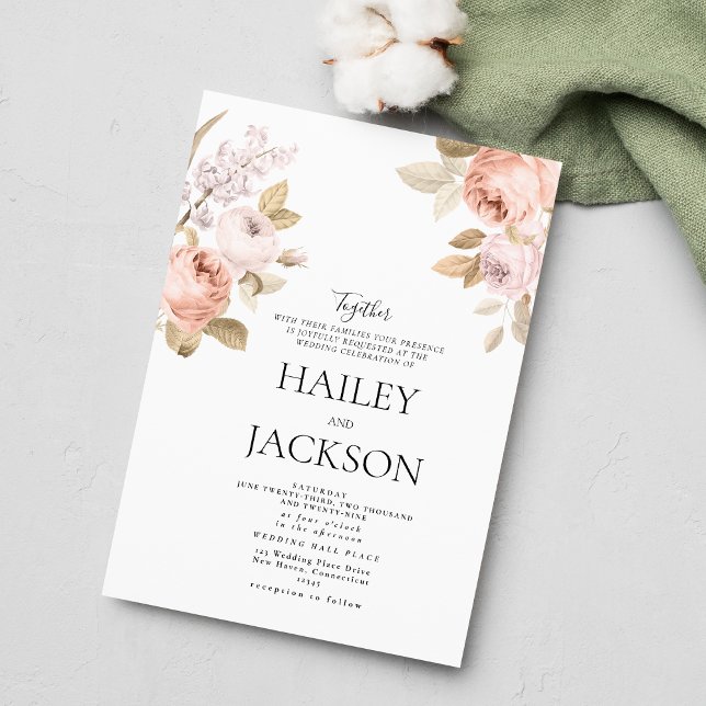 Invitation Mariage floral rustique bohème rose marron  (Neutral boho pink brown rustic floral wedding)