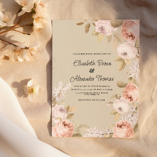 Invitation Mariage floral rustique boho corail rose ivoire