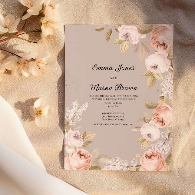 Invitation Mariage floral rustique boho rose corail ivoire ma (Rustic boho pink coral mauve ivory floral Wedding )