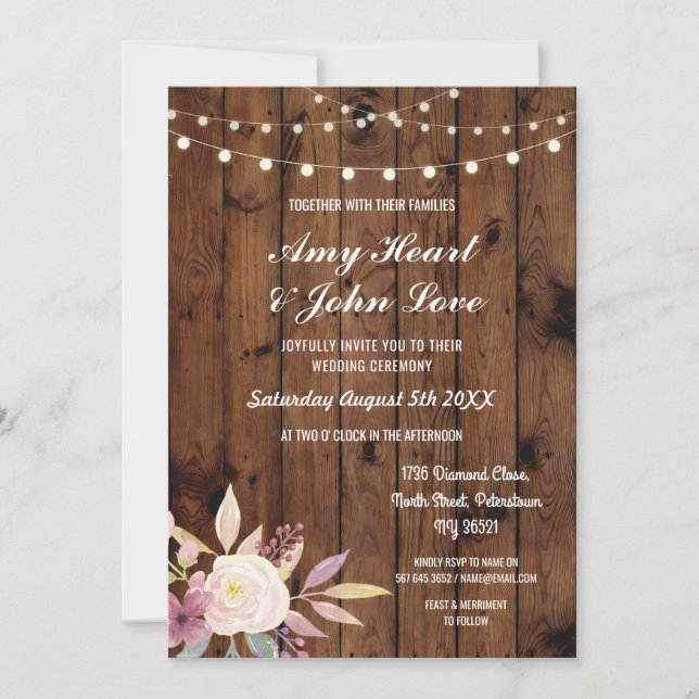 Invitation Mariage Floral Rustique Bois Inviter Fleurs Lumièr (Devant)